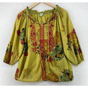 CHIC CONNECTION Top L Peasant Boho Blouse Floral Ruffled Balloon Sleeve Green